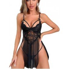 Lingerie sexy feminina de renda com alça e gola V, roupa de dormir, malha com fenda lateral, Preto, M Lingerie sexy feminina de renda com alça e gola V, roupa de dormir, malha com fenda lateral, Preto, M