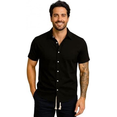 Camisa Masculina Gola Italiana Manga Curta Leve Elegante para Trabalho e Passeios, Tecido Fresco Passa Facil Camisa Masculina Gola Italiana Manga Curta Leve Elegante para Trabalho e Passeios, Tecido Fresco Passa Facil