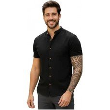 Camisa Social Masculina Manga Curta Gola Padre Elegante e Versatil Tendencia Verão e Final de Ano Camisa Social Masculina Manga Curta Gola Padre Elegante e Versatil Tendencia Verão e Final de Ano