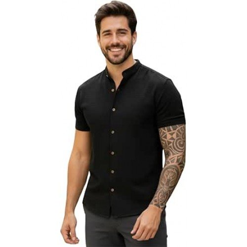Camisa Social Masculina Manga Curta Gola Padre Elegante e Versatil Tendencia Verão e Final de Ano Camisa Social Masculina Manga Curta Gola Padre Elegante e Versatil Tendencia Verão e Final de Ano