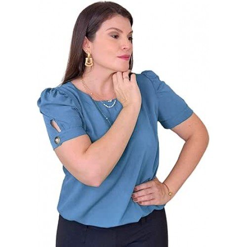 Blusa Social Feminina Manga Curta Bufante Camisa com Botão Alfaitaria do M ao GG Elegante