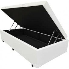 Cama Box Baú Solteiro, Blindado, Pistão a Gás. Pés de Madeira (Corino, Branco) Cama Box Baú Solteiro, Blindado, Pistão a Gás. Pés de Madeira (Corino, Branco)