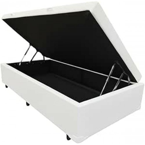Cama Box Baú Solteiro, Blindado, Pistão a Gás. Pés de Madeira (Corino, Branco) Cama Box Baú Solteiro, Blindado, Pistão a Gás. Pés de Madeira (Corino, Branco)