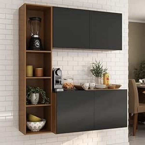 Armário De Cozinha Compacta Com Balcão Linea Fit 4 Portas Multimóveis Mp2218 Carvalho Avelã/preto Armário De Cozinha Compacta Com Balcão Linea Fit 4 Portas Multimóveis Mp2218 Carvalho Avelã/preto