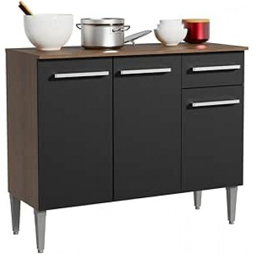 Balcão Gabinete Madesa Emilly 3 Portas e 1 Gaveta - Rustic/Preto Balcão Gabinete Madesa Emilly 3 Portas e 1 Gaveta - Rustic/Preto