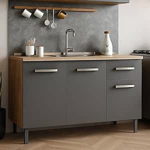 Balcão Gabinete Para Pia 1,20m Armário Cozinha Com Gaveta, Freijó Grafite Balcão Gabinete Para Pia 1,20m Armário Cozinha Com Gaveta, Freijó Grafite