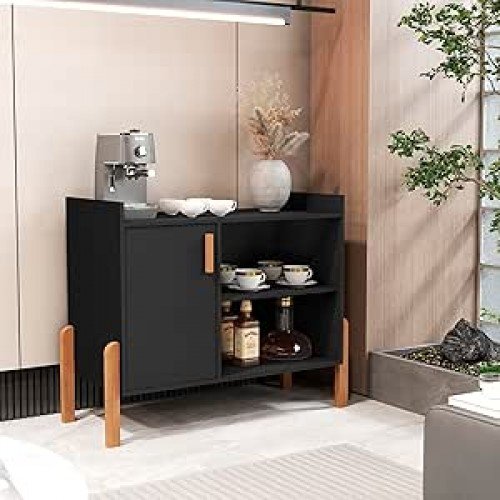 Balcão para Café com Prateleiras 1 Porta Pés em Madeira Maciça Buffet Aparador para Cozinha (Preto) Balcão para Café com Prateleiras 1 Porta Pés em Madeira Maciça Buffet Aparador para Cozinha (Preto)